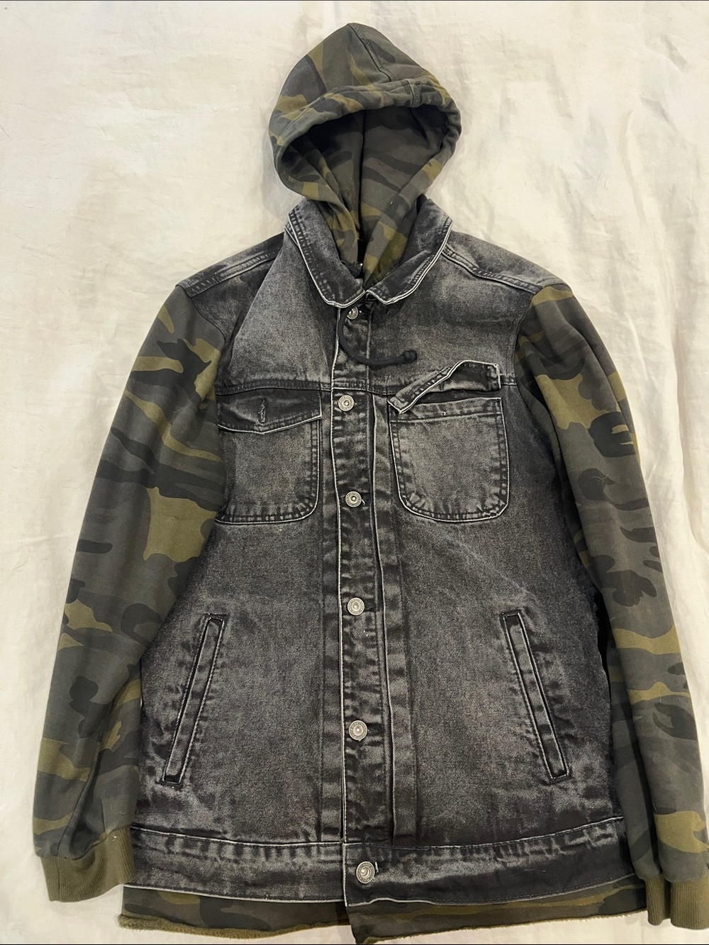 Men's Washed Black Denim Jacket with Olive Camo Hood (detachable) & Sleeves